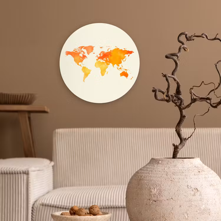 Wereldkaart - Oranje - Kleurrijk Wandcirkel kunststof plaat 5mm dik klein -sfeer1