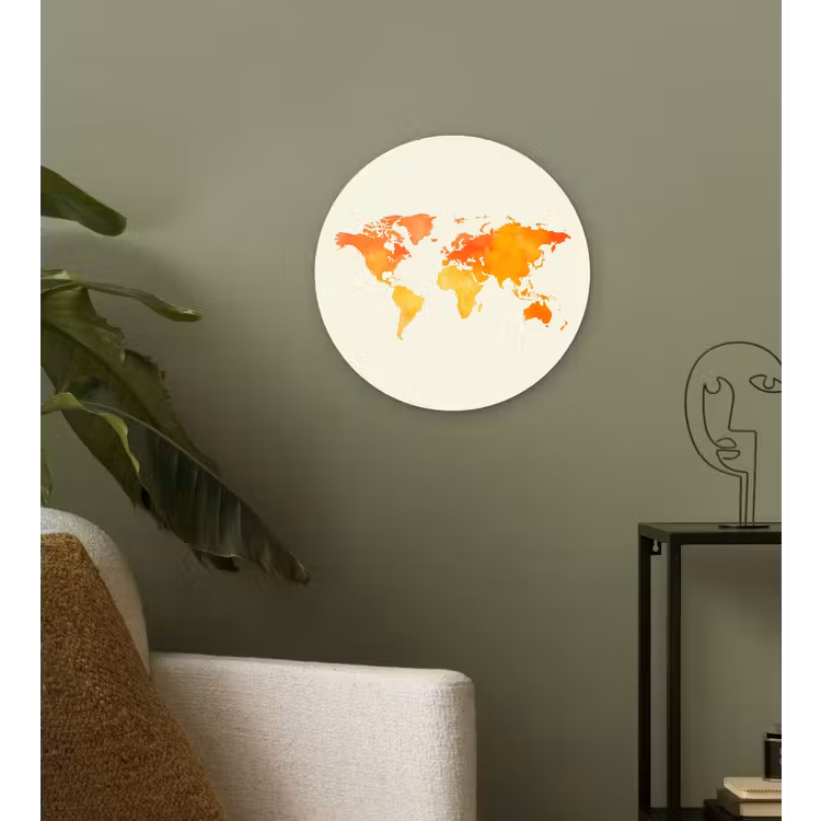 Wereldkaart - Oranje - Kleurrijk Wandcirkel kunststof plaat 5mm dik klein -sfeer3