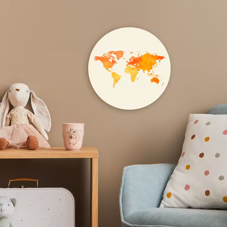 Wereldkaart - Oranje - Kleurrijk Wandcirkel kunststof plaat 5mm dik klein -tsfeer1_kind