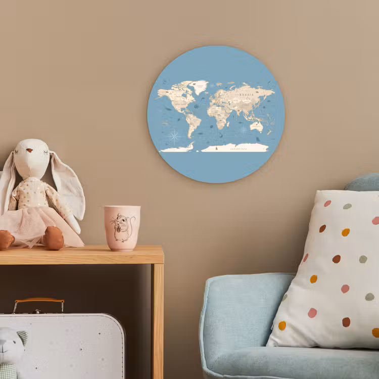 Wereldkaart - Oceaan - Realistisch - Blauw Wandcirkel kunststof plaat 5mm dik klein -tsfeer1_kind
