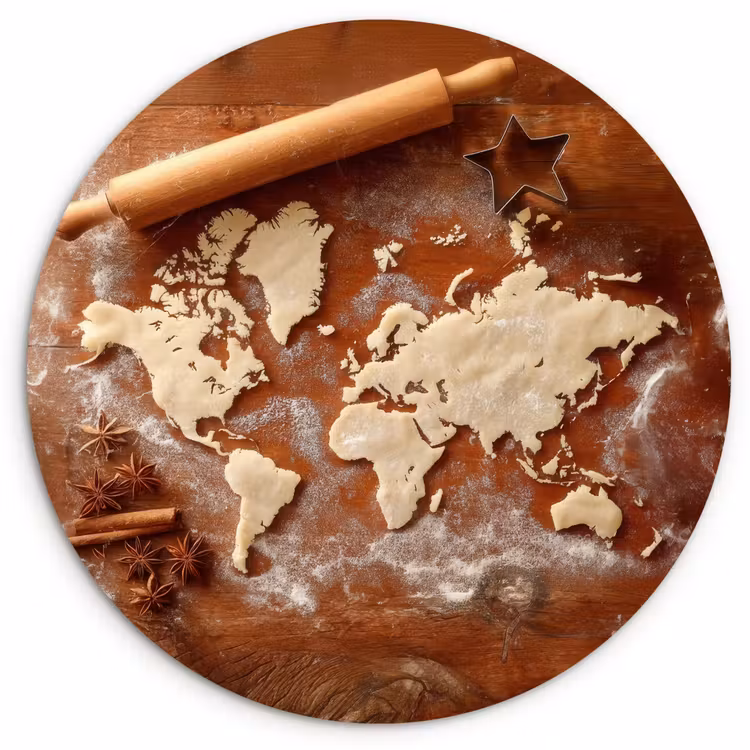 Wereldkaart - Koekjesdeeg - Warme baksfeer Wandcirkel kunststof plaat 5mm dik klein -3d