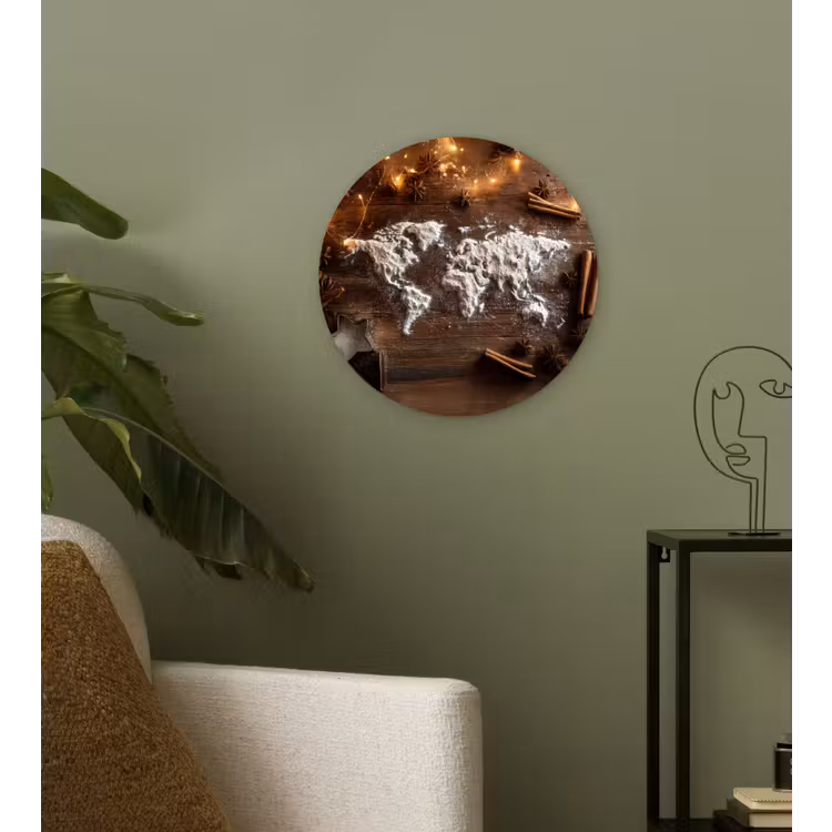 Wereldkaart - Poedersuiker - Hout Wandcirkel kunststof plaat 5mm dik klein -sfeer3