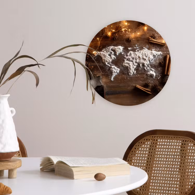 Wereldkaart - Poedersuiker - Hout Wandcirkel kunststof plaat 5mm dik klein -sfeer4