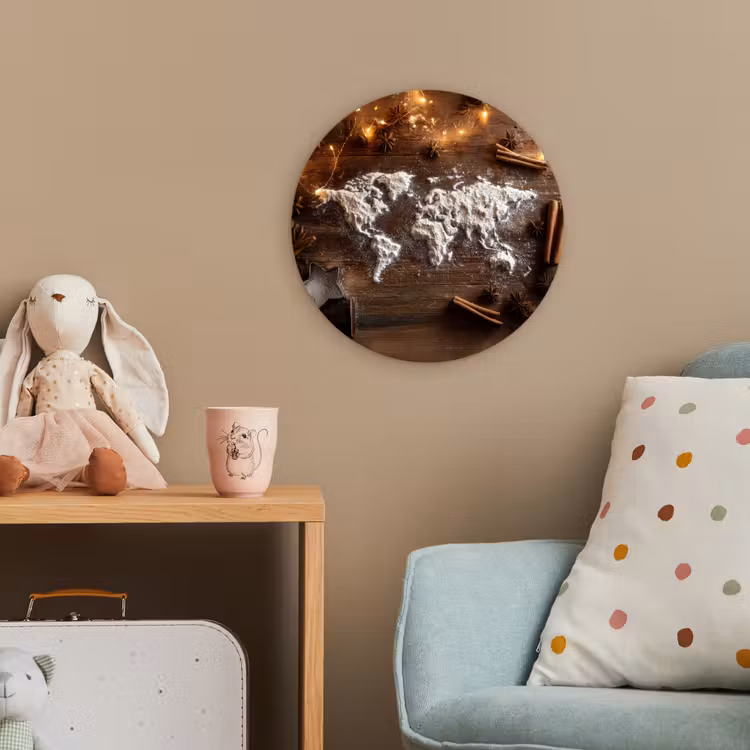 Wereldkaart - Poedersuiker - Hout Wandcirkel kunststof plaat 5mm dik klein -tsfeer1_kind