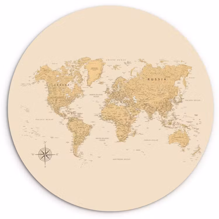Wereldkaart - Realistisch - Beige Wandcirkel kunststof plaat 5mm dik klein -3d