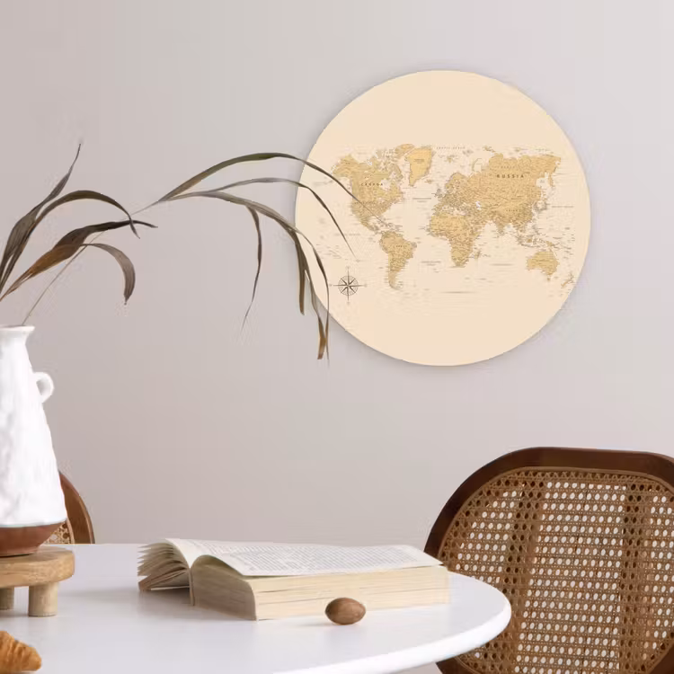 Wereldkaart - Realistisch - Beige Wandcirkel kunststof plaat 5mm dik klein -sfeer4