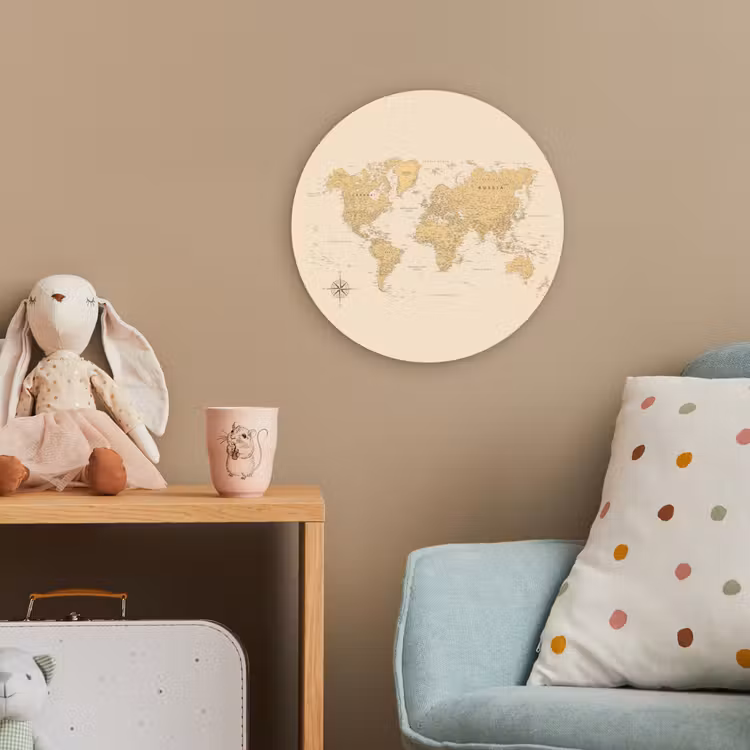Wereldkaart - Realistisch - Beige Wandcirkel kunststof plaat 5mm dik klein -tsfeer1_kind
