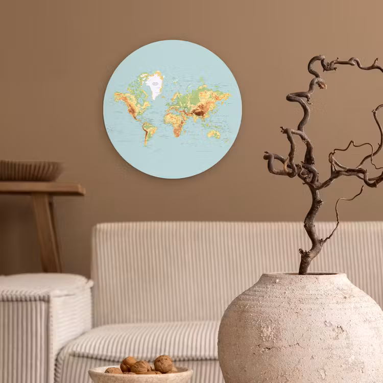 Wereldkaart - Realistisch - Blauw Wandcirkel kunststof plaat 5mm dik klein -sfeer1