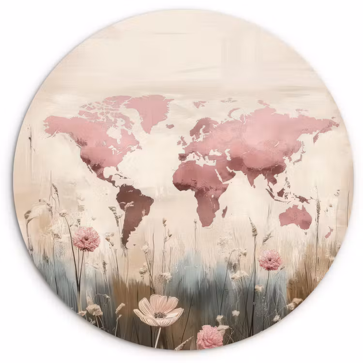 Wereldkaart - Roze - Bloemen Wandcirkel kunststof plaat 5mm dik klein -3d