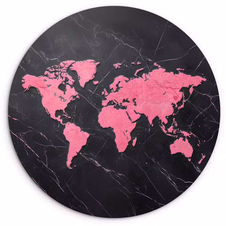Wereldkaart - Roze - Marmer Wandcirkel kunststof plaat 5mm dik klein -3d