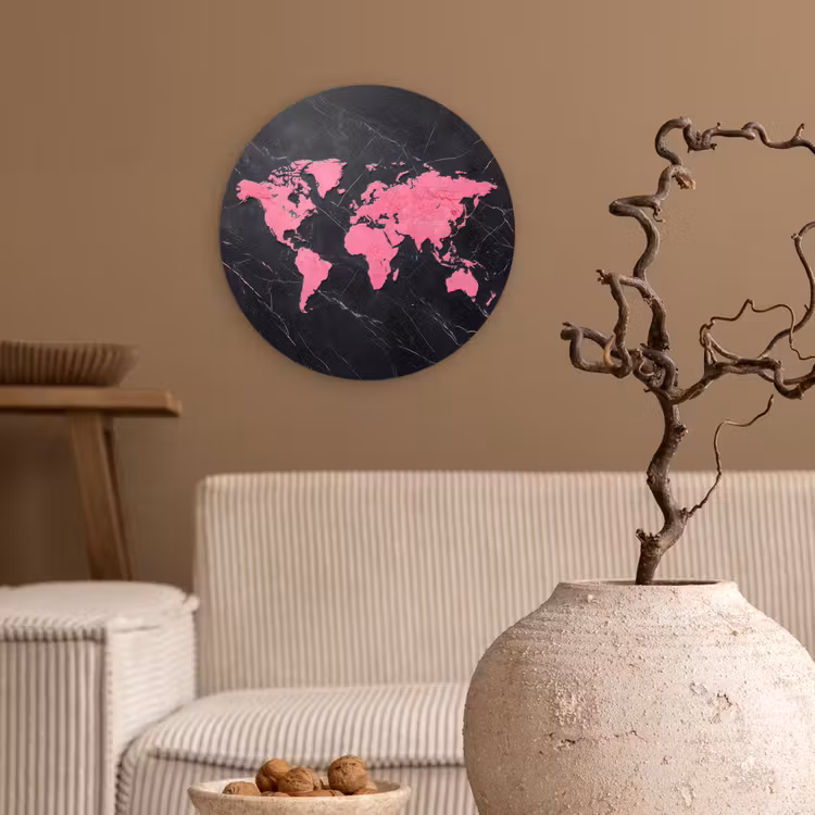 Wereldkaart - Roze - Marmer Wandcirkel kunststof plaat 5mm dik klein -sfeer1