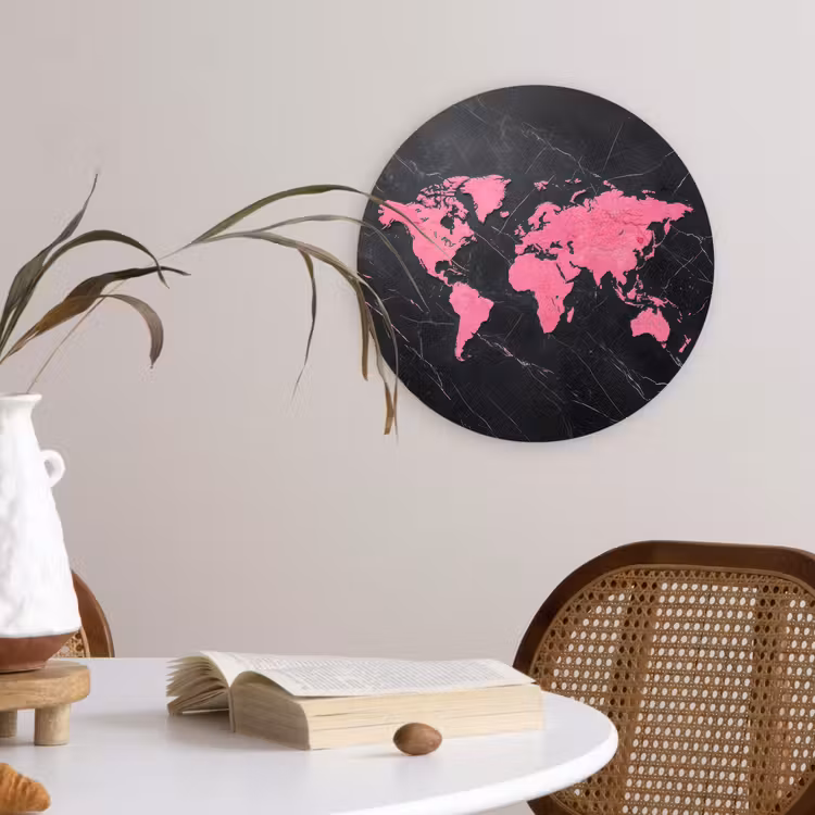 Wereldkaart - Roze - Marmer Wandcirkel kunststof plaat 5mm dik klein -sfeer4