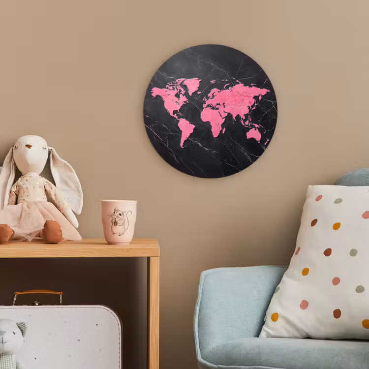 Wereldkaart - Roze - Marmer Wandcirkel kunststof plaat 5mm dik klein -tsfeer1_kind