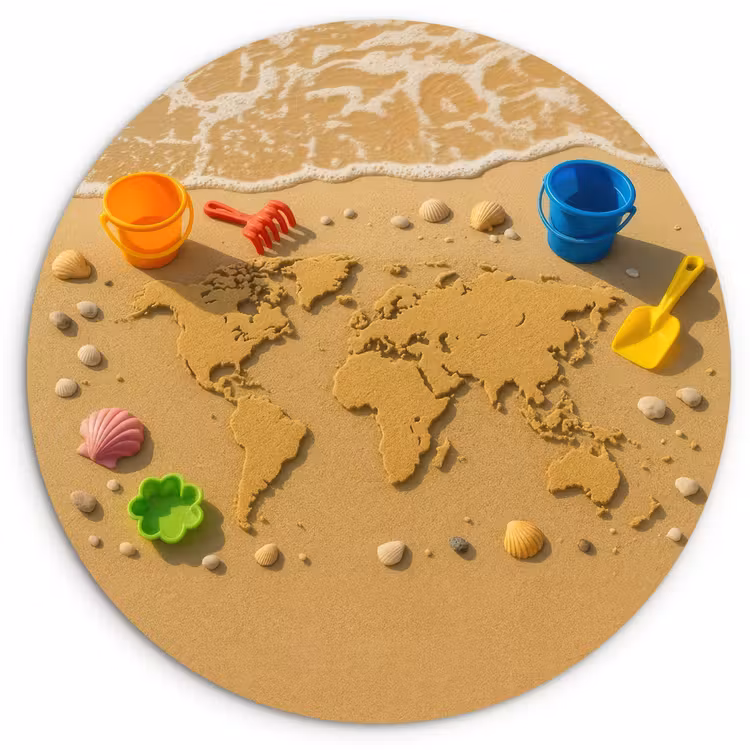 Wereldkaart - Zand - Kleurrijk - Zomer Wandcirkel kunststof plaat 5mm dik klein -3d