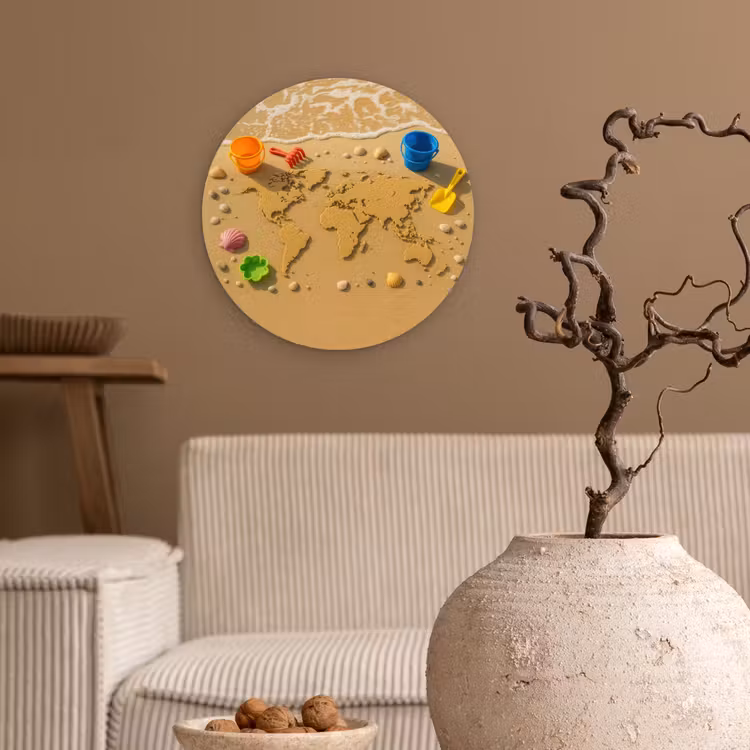 Wereldkaart - Zand - Kleurrijk - Zomer Wandcirkel kunststof plaat 5mm dik klein -sfeer1