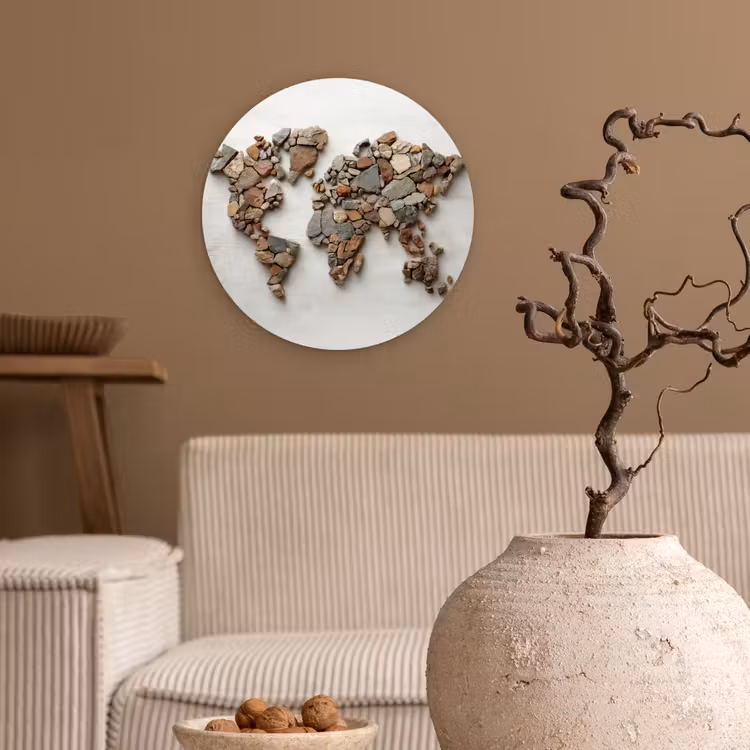 Wereldkaart - Stenen - Wit Wandcirkel kunststof plaat 5mm dik klein -sfeer1