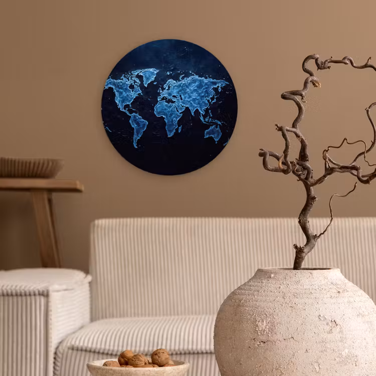 Wereldkaart - Waterstructuur - Blauw Wandcirkel kunststof plaat 5mm dik klein -sfeer1