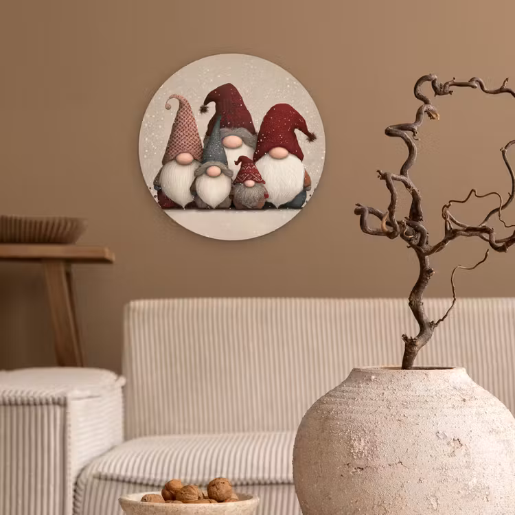 Kabouters - Kerst - Sneeuw - Puntmutsen Wandcirkel kunststof plaat 5mm dik klein -sfeer1