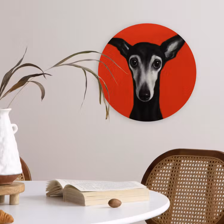 Windhond - Minimalistisch - Rood Wandcirkel kunststof plaat 5mm dik klein -sfeer4