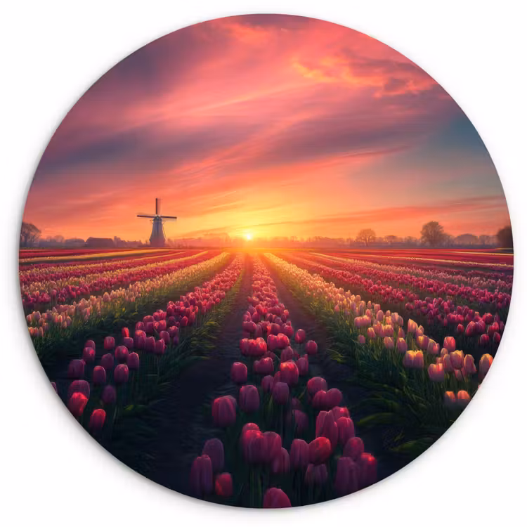 Windmolen - Zonsondergang - Landschap Wandcirkel kunststof plaat 5mm dik klein -3d
