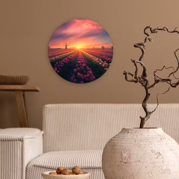 Windmolen - Zonsondergang - Landschap Wandcirkel kunststof plaat 5mm dik klein -sfeer1
