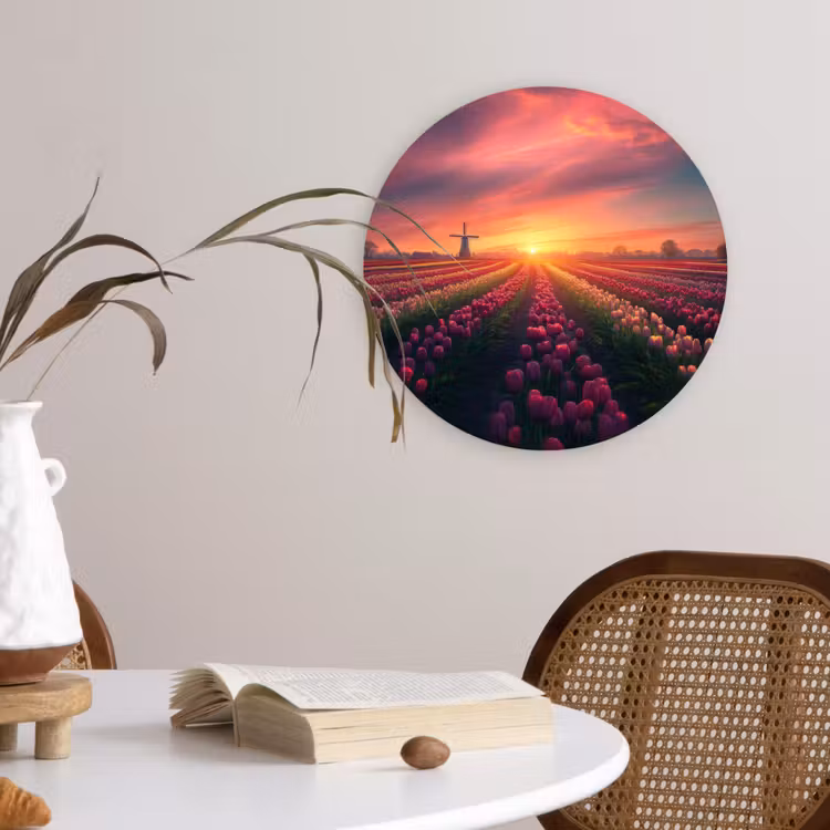 Windmolen - Zonsondergang - Landschap Wandcirkel kunststof plaat 5mm dik klein -sfeer4
