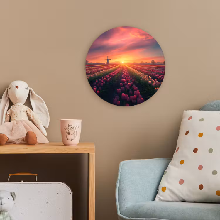 Windmolen - Zonsondergang - Landschap Wandcirkel kunststof plaat 5mm dik klein -tsfeer1_kind