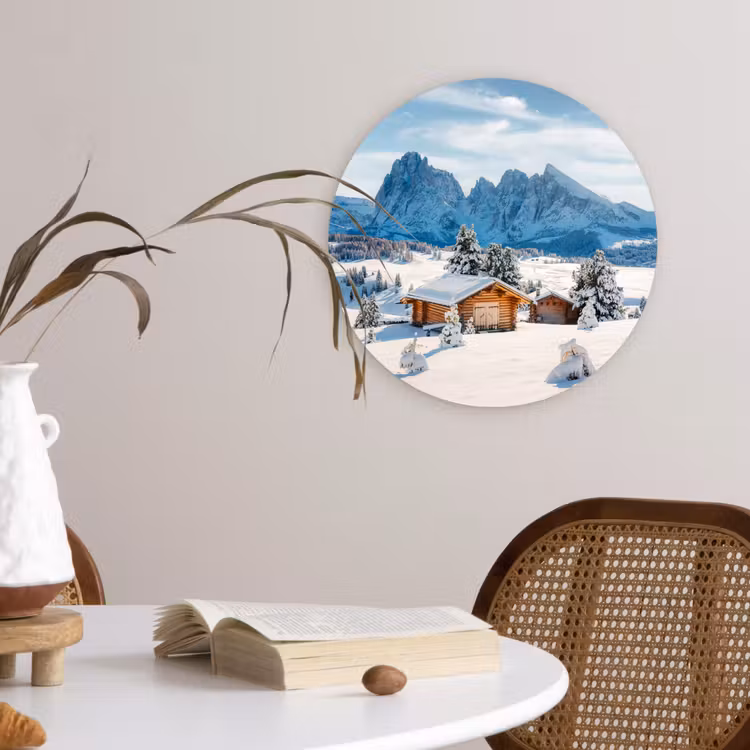 Winter - Huisje - Bergen - Uitzicht - Sneeuw Wandcirkel kunststof plaat 5mm dik klein -sfeer4
