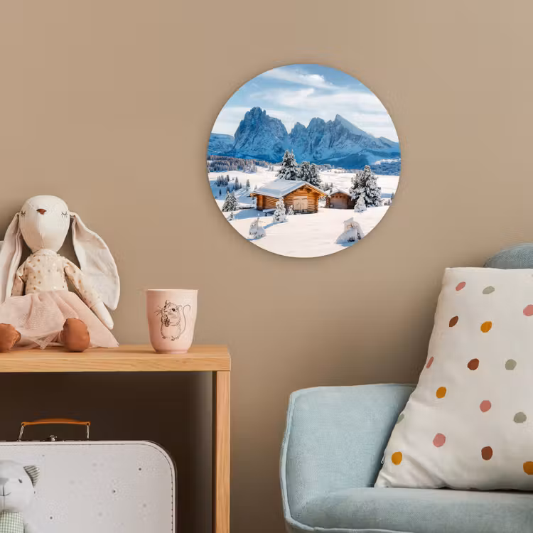 Winter - Huisje - Bergen - Uitzicht - Sneeuw Wandcirkel kunststof plaat 5mm dik klein -tsfeer1_kind