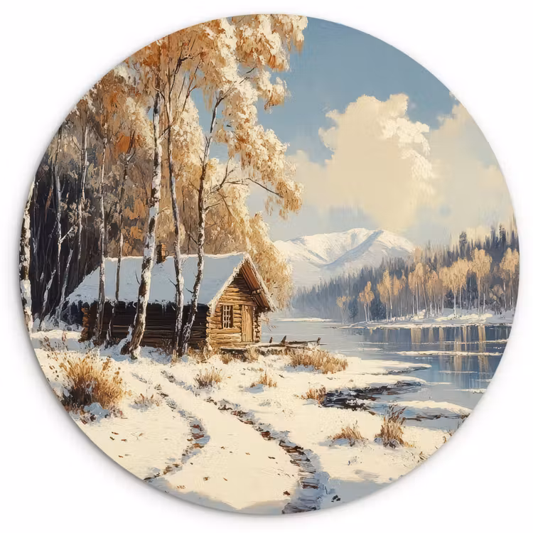 Winter - Sneeuw - Huis - Natuur Wandcirkel kunststof plaat 5mm dik klein -3d