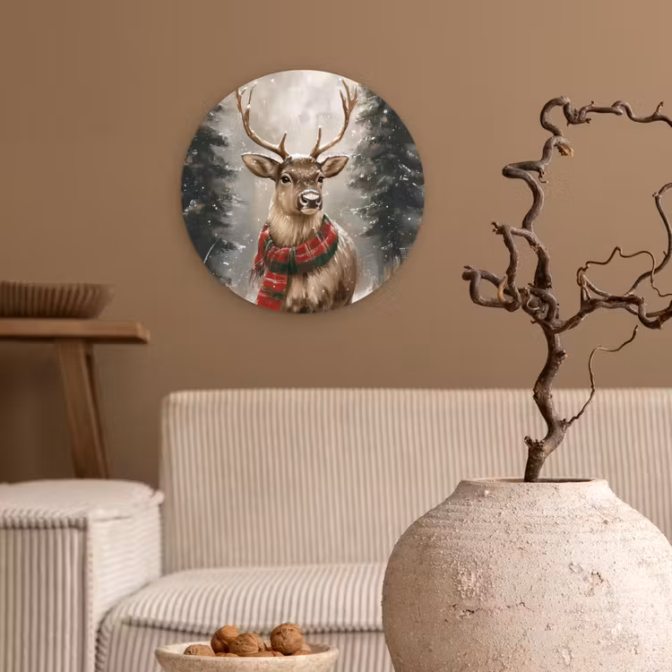 Winter - Bos - Rendier - Donker Wandcirkel kunststof plaat 5mm dik klein -sfeer1