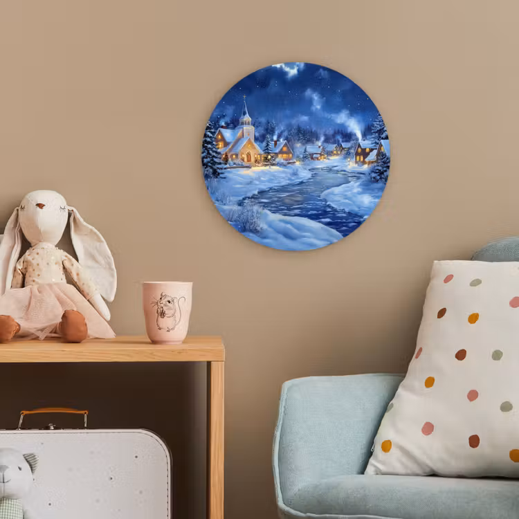 Winteravond - Kerstdorp - Donker Wandcirkel kunststof plaat 5mm dik klein -tsfeer1_kind