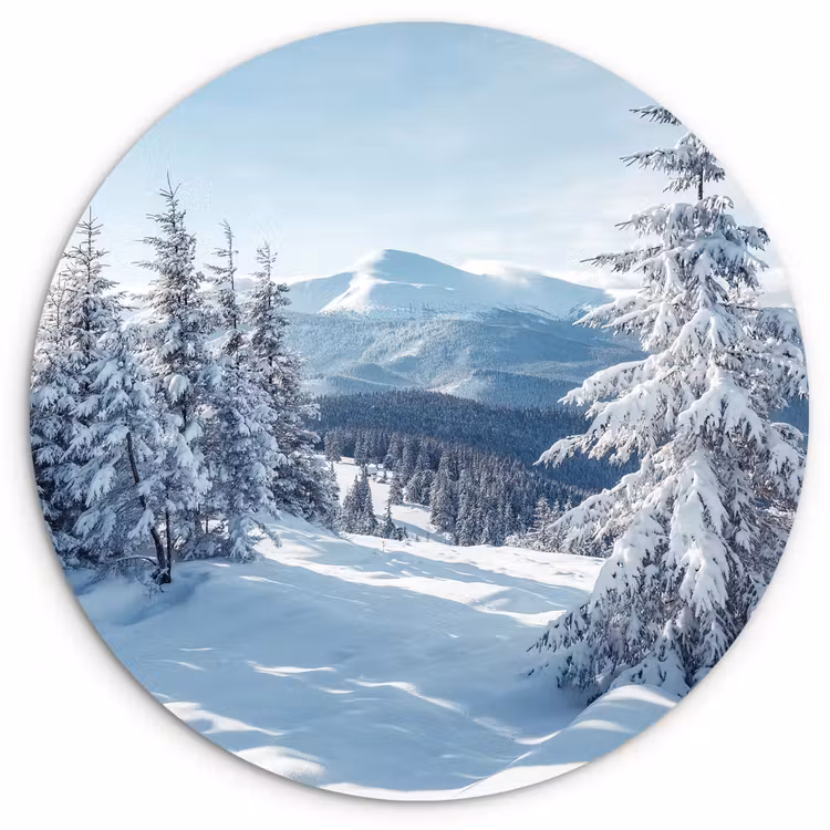 Winterlandschap - Natuur - Berg - Bomen - Sneeuw Wandcirkel kunststof plaat 5mm dik klein -3d