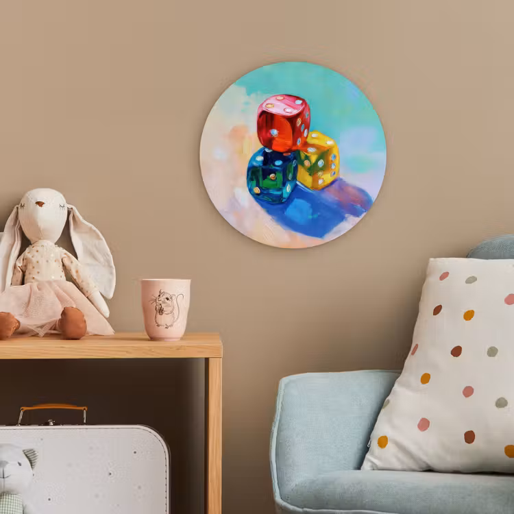 Dobbelstenen - Kleurrijk - Getallen - Stipjes Wandcirkel kunststof plaat 5mm dik klein -tsfeer1_kind