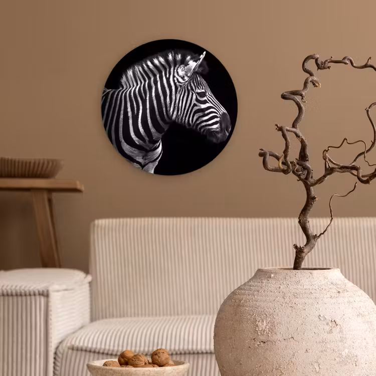 Zebra - Zwart - Wit - Portret - Dieren Wandcirkel kunststof plaat 5mm dik klein -sfeer1