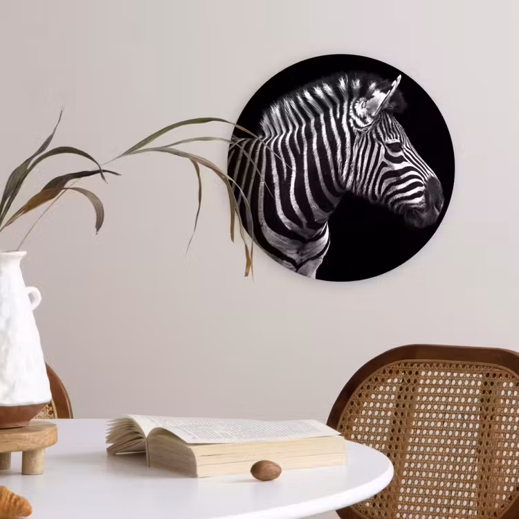 Zebra - Zwart - Wit - Portret - Dieren Wandcirkel kunststof plaat 5mm dik klein -sfeer4