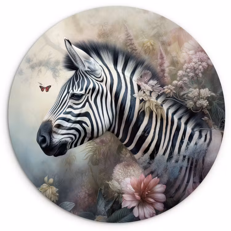 Zebra - Wilde dieren - Vlinder - Bloemen Wandcirkel kunststof plaat 5mm dik klein -3d
