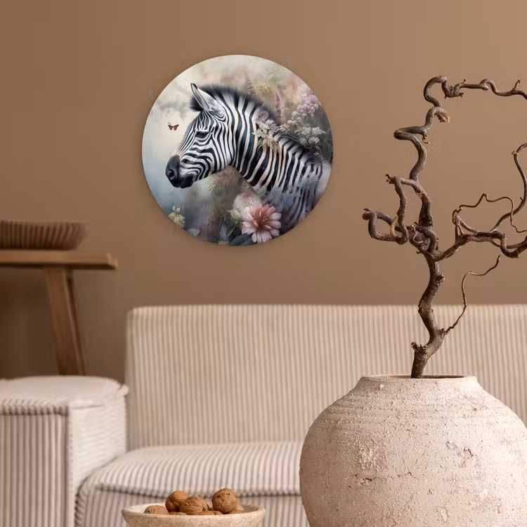 Zebra - Wilde dieren - Vlinder - Bloemen Wandcirkel kunststof plaat 5mm dik klein -sfeer1