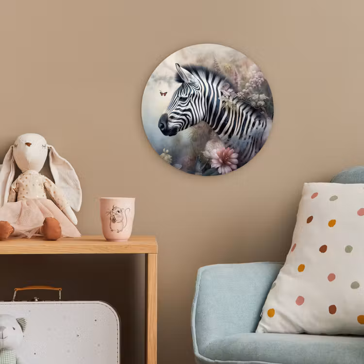 Zebra - Wilde dieren - Vlinder - Bloemen Wandcirkel kunststof plaat 5mm dik klein -tsfeer1_kind