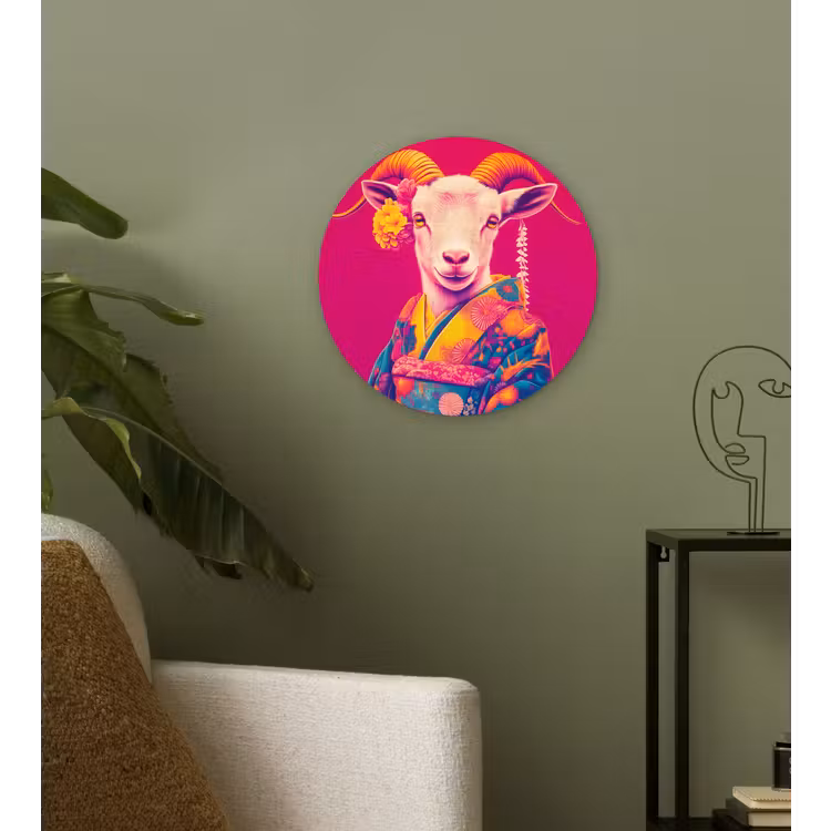 Geit - Hoorns - Kimono - Kleurrijk Wandcirkel kunststof plaat 5mm dik klein -sfeer3