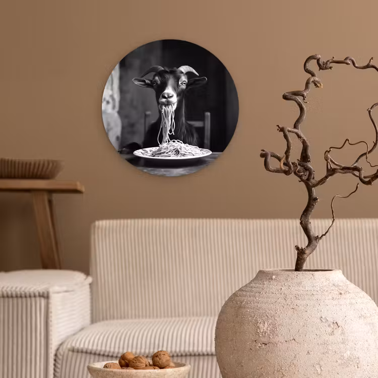 Geit - Bord - Spaghetti - Zwart Wit Wandcirkel kunststof plaat 5mm dik klein -sfeer1
