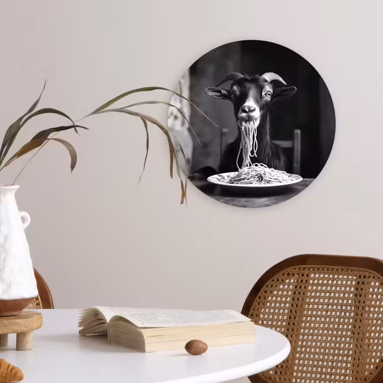 Geit - Bord - Spaghetti - Zwart Wit Wandcirkel kunststof plaat 5mm dik klein -sfeer4