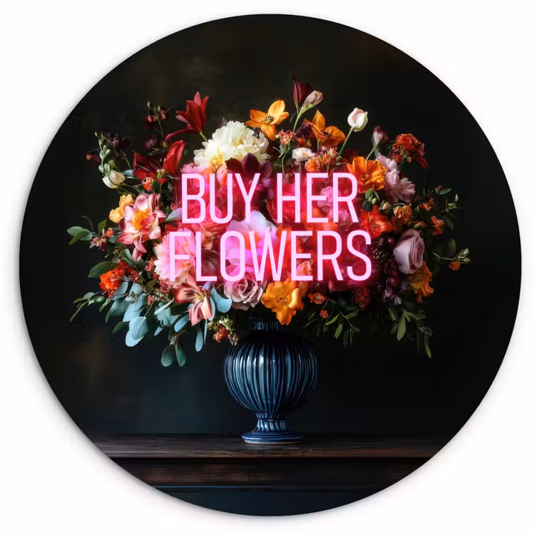 Quote - Bloemen - Vaas - Neon Wandcirkel kunststof plaat 5mm dik klein -3d