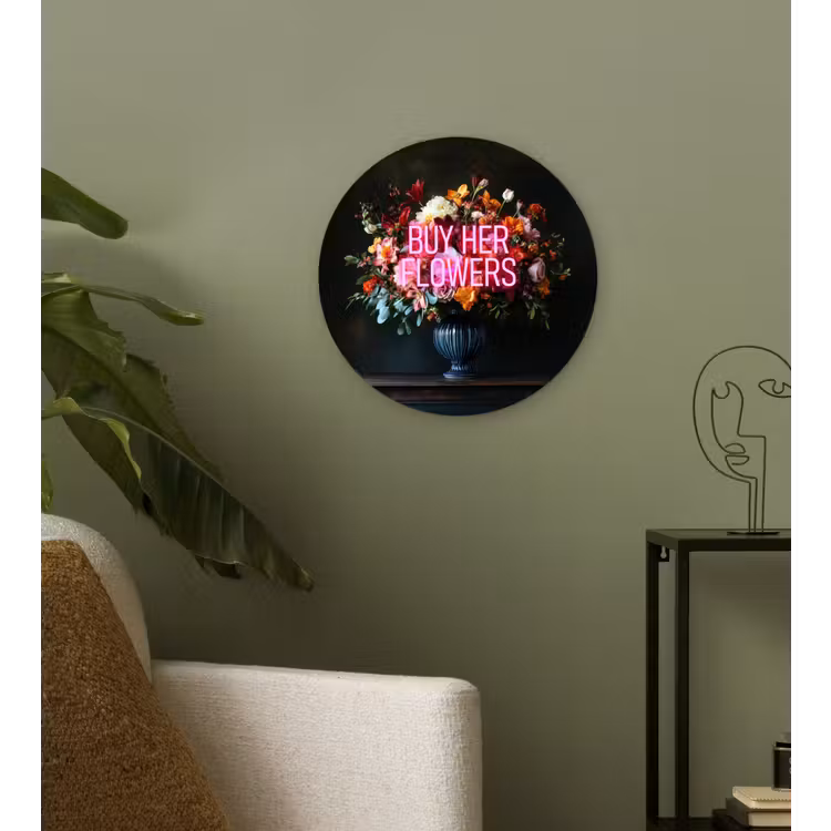 Quote - Bloemen - Vaas - Neon Wandcirkel kunststof plaat 5mm dik klein -sfeer3