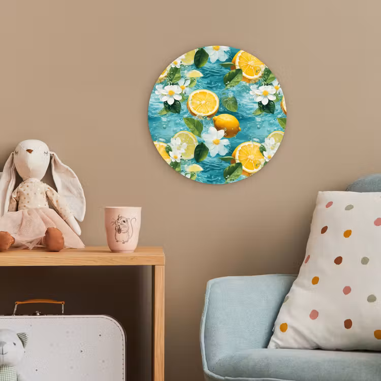 Citroen - Bloemen - Bruisend - Water Wandcirkel kunststof plaat 5mm dik klein 188 -tsfeer1_kind