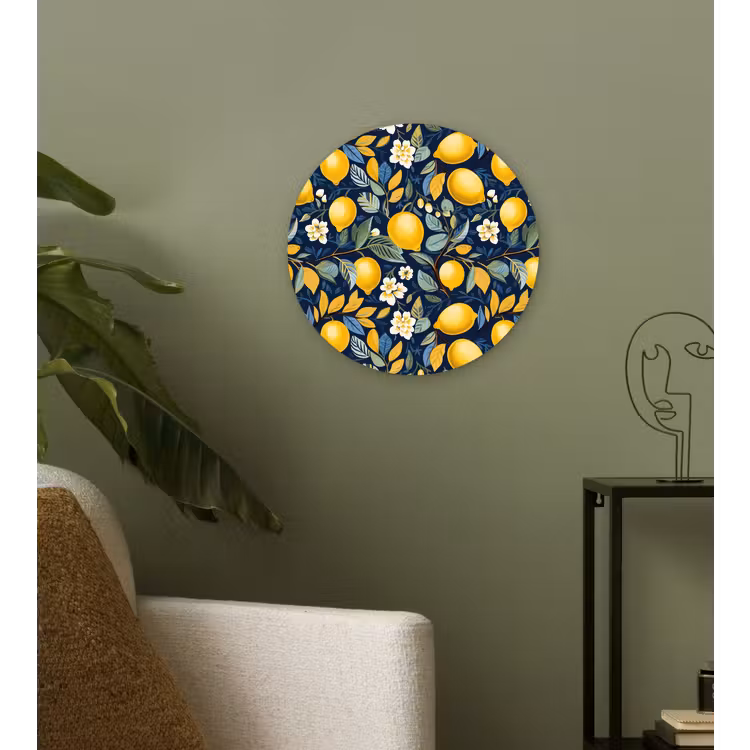 Citroenen - Bloemen - Bladeren - Blauw Wandcirkel kunststof plaat 5mm dik klein 188 -sfeer3