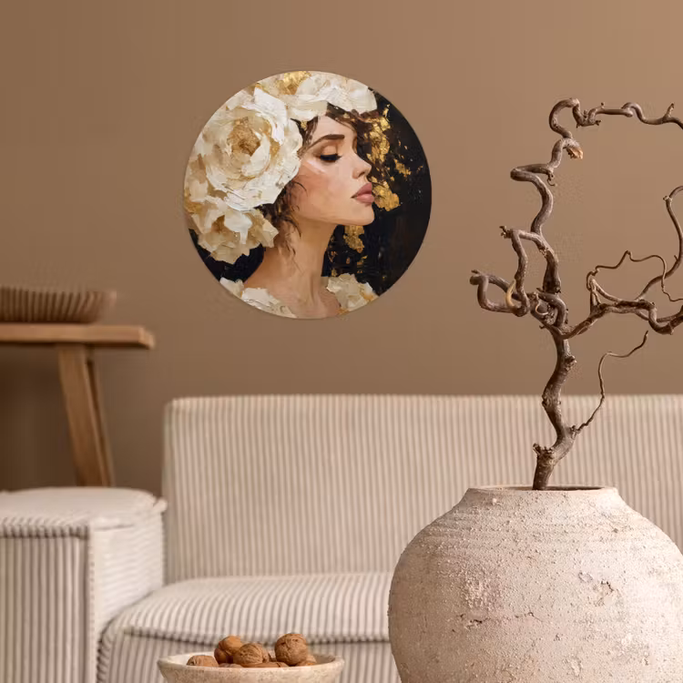 Abstract - Vrouw - Bloemen - Wit Wandcirkel behangsticker klein -sfeer1