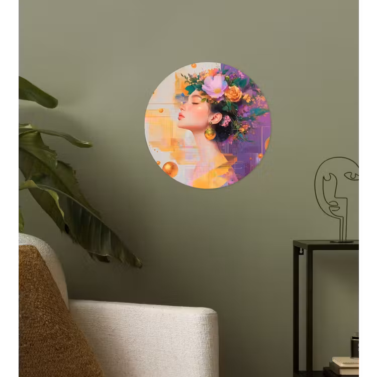 Abstract - Vrouw - Bloemenkroon - Goud Wandcirkel behangsticker klein -sfeer2
