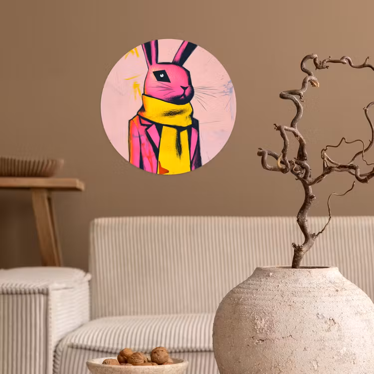 Abstract - Konijn - Sjaal - Geel Wandcirkel behangsticker klein -sfeer1