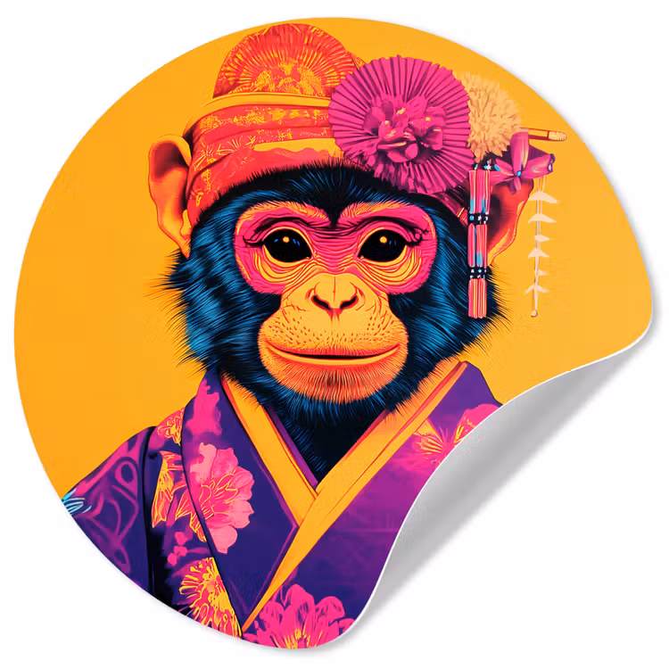 Aap - Kimono - Bloemen - Hoofdtooi Wandcirkel behangsticker klein -3d